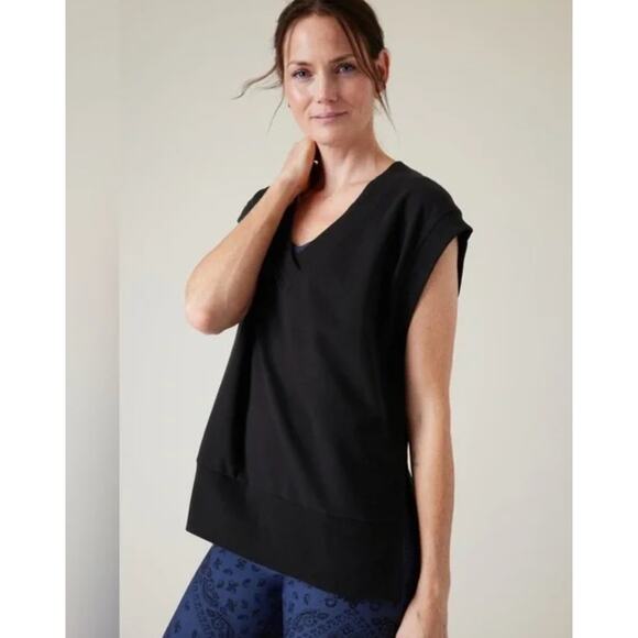 Athleta Black Retroterry Sleeveless V-Neck Oversized Sweatshirt Sz M - Picture 1 of 8